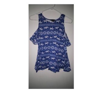 Blue & White Cold Shoulder Top